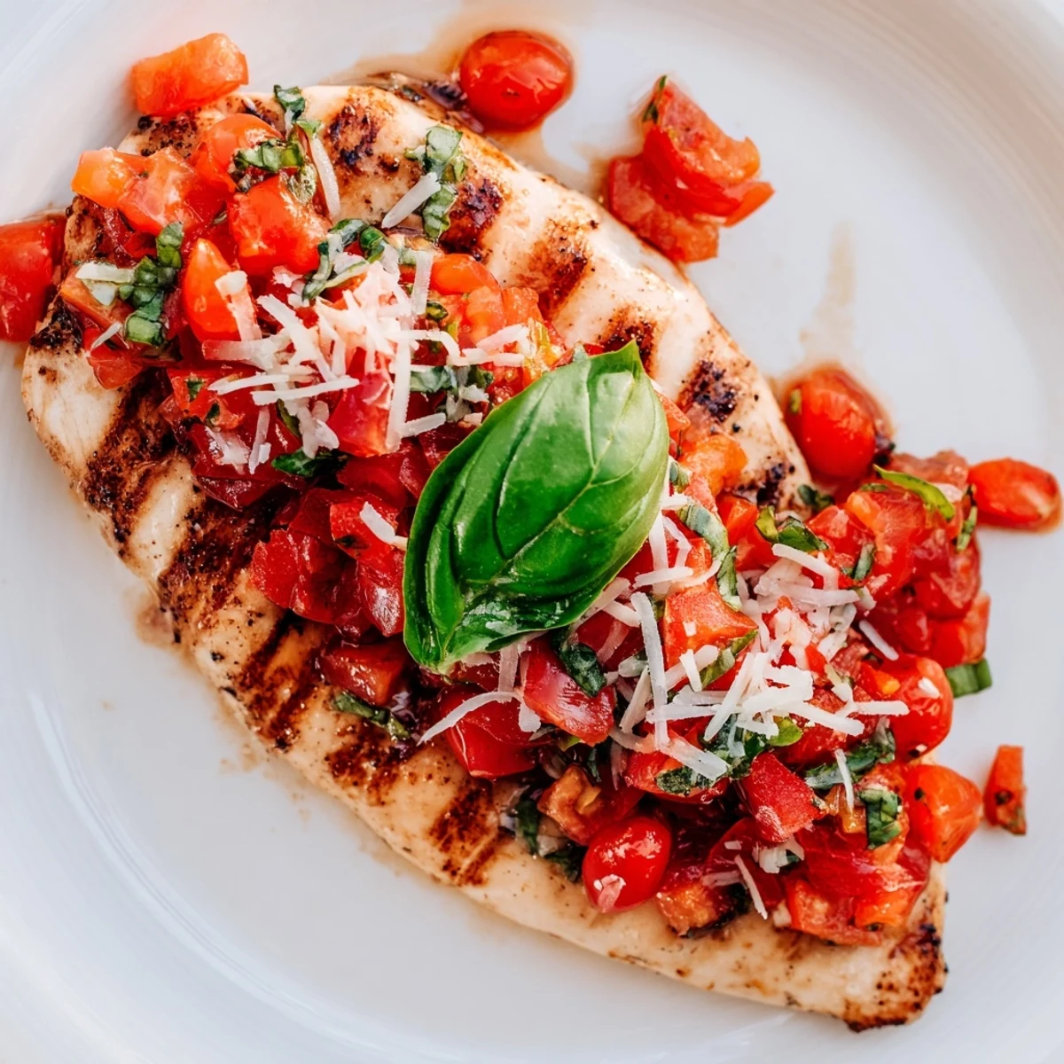 Grilled chicken fillets piled high with fresh tomato basil bruschetta on white dinner plate