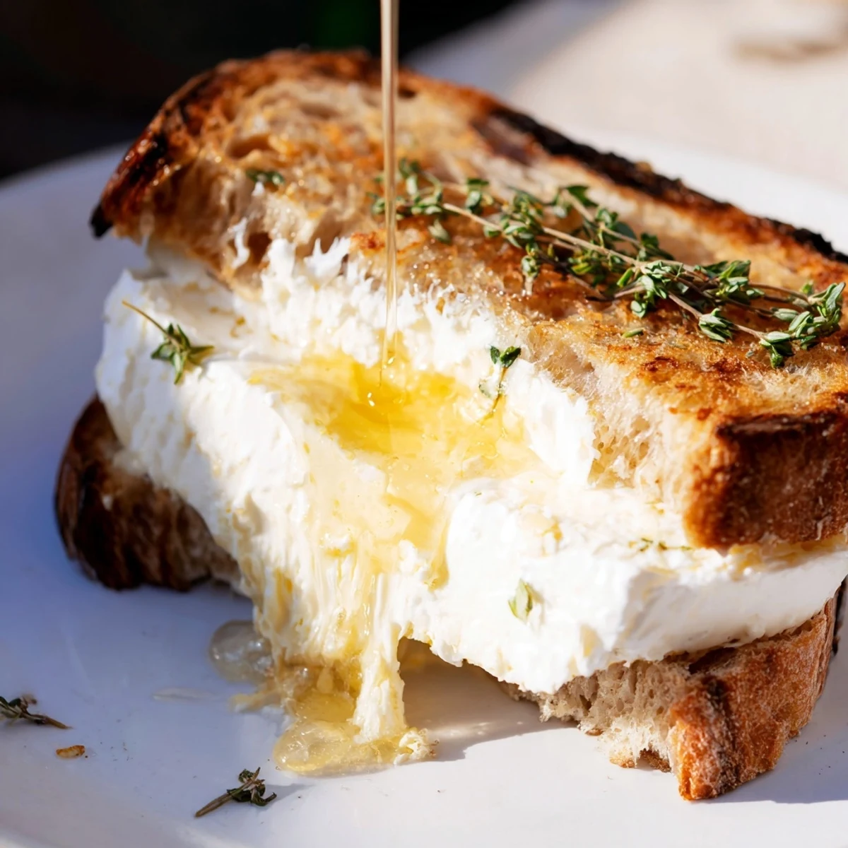Gourmet Goat Cheese & Honey Grilled Cheese served warm on a wooden cutting board with fresh thyme