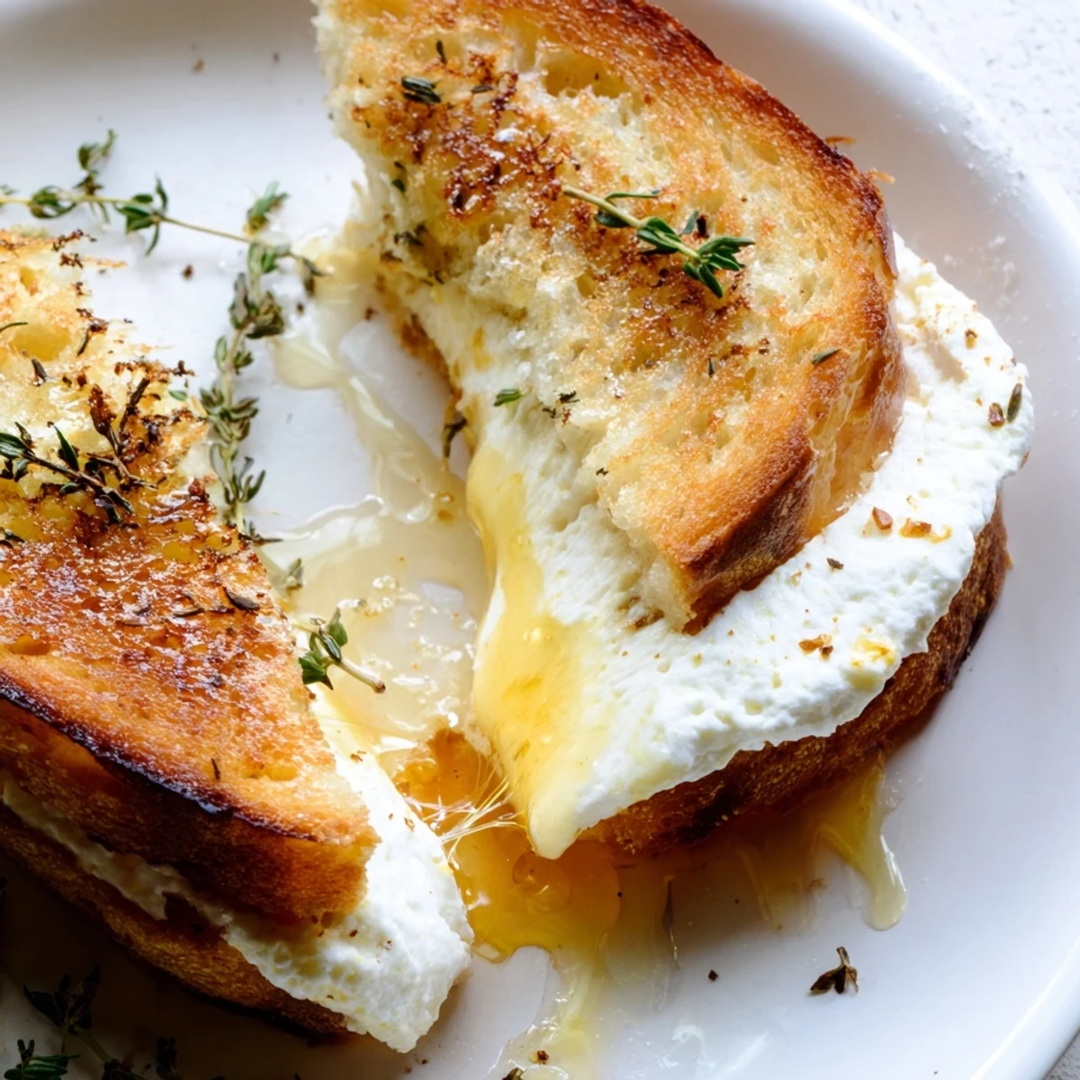 Golden Goat Cheese & Honey Grilled Cheese sandwich with melted cheese dripping down rustic sourdough bread