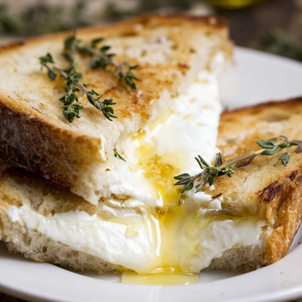 Sliced Goat Cheese & Honey Grilled Cheese sandwich revealing creamy melted cheese layers and honey swirls