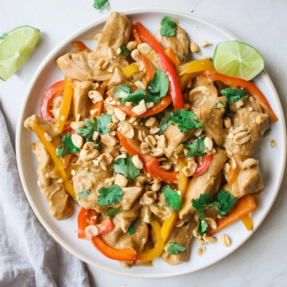 Tender shredded peanut chicken coated in glossy sauce topped with crushed peanuts and fresh cilantro over fluffy rice