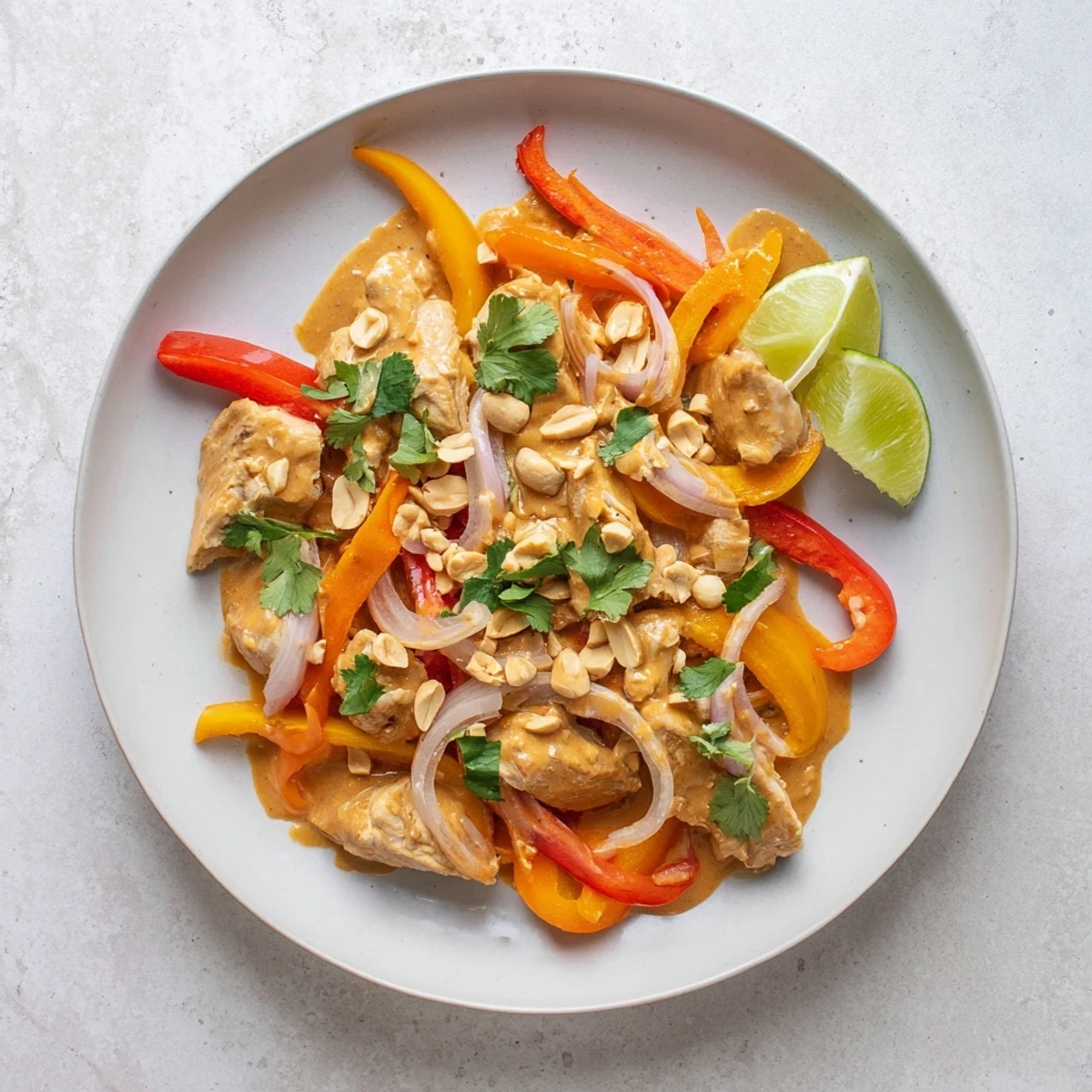 Golden slow cooker peanut chicken thighs swimming in rich creamy peanut sauce with colorful bell peppers and onions