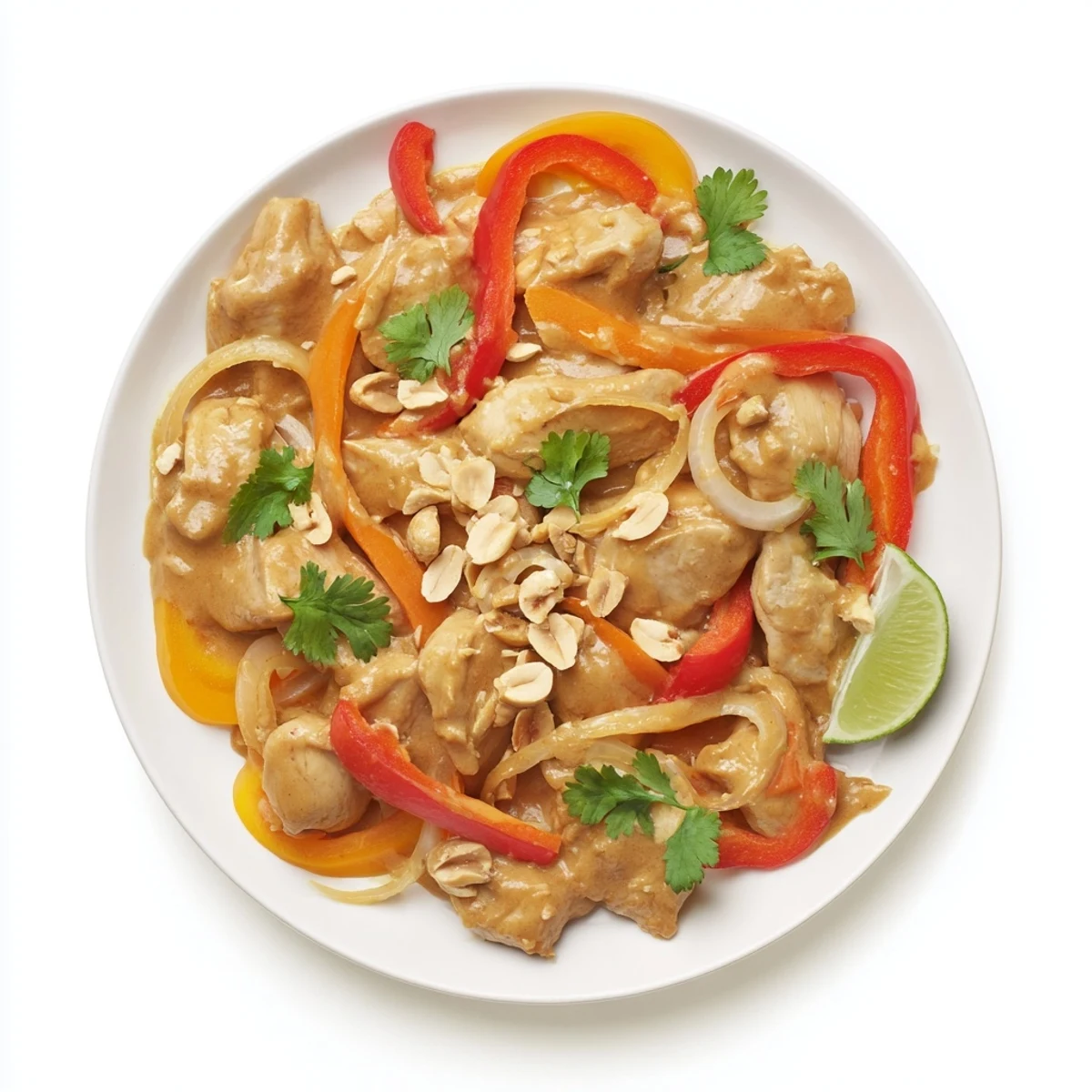 Savory slow cooker peanut chicken dish featuring tender meat and vibrant vegetables in a thick, aromatic peanut butter sauce