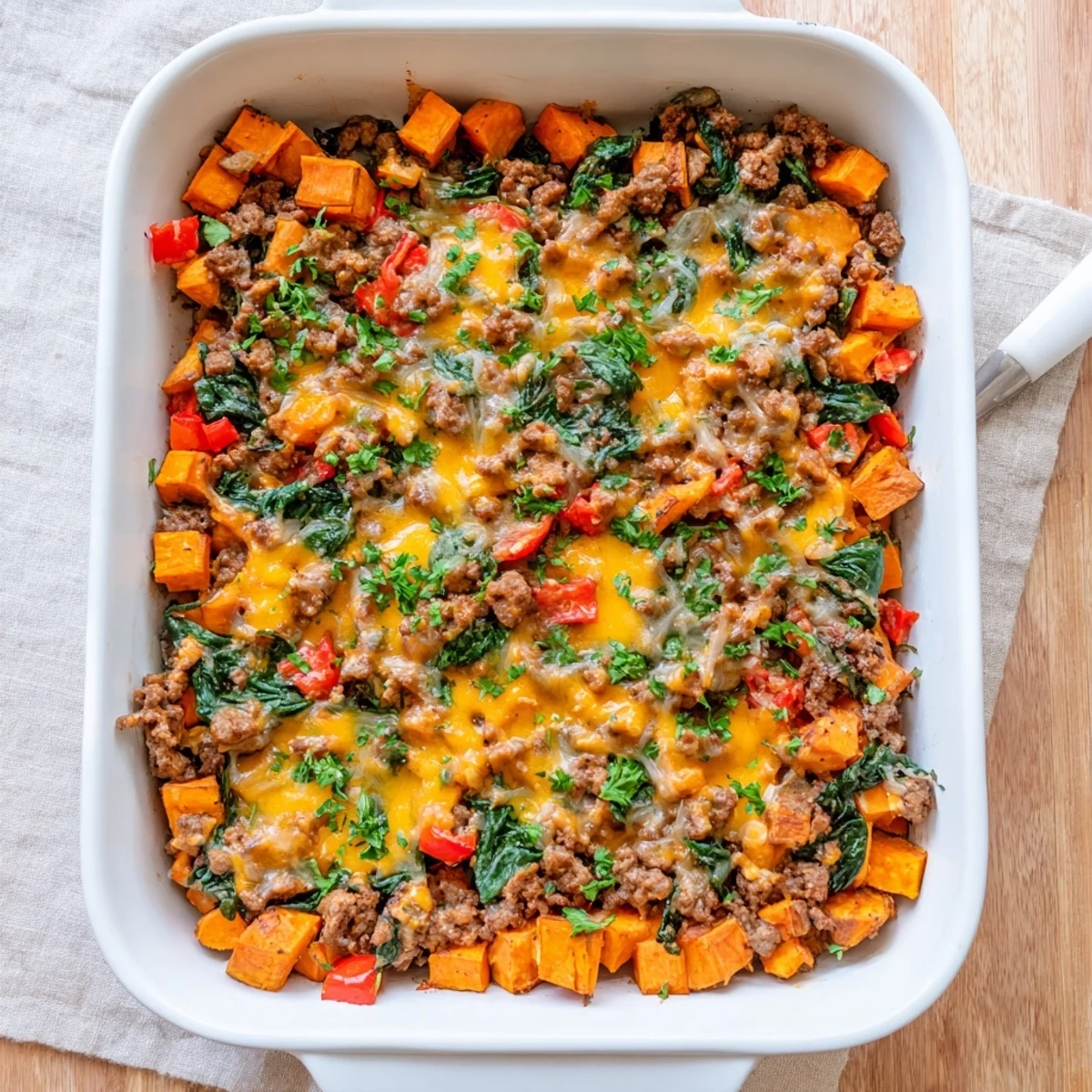 Golden ground turkey sweet potato bake with melted cheese and fresh parsley garnish