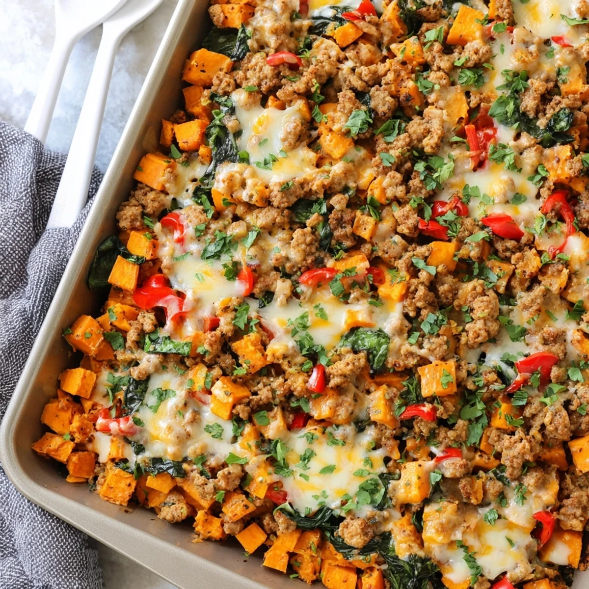 Hearty casserole dish with seasoned turkey layered over tender roasted sweet potato cubes