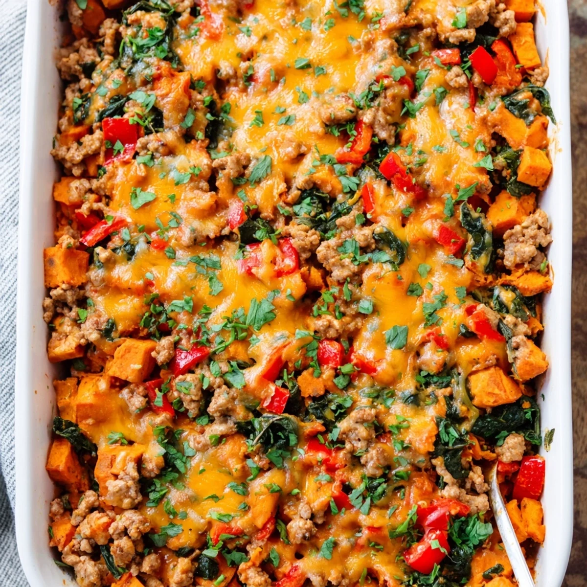 Comforting gluten-free ground turkey sweet potato bake bubbling in a baking dish with vegetables