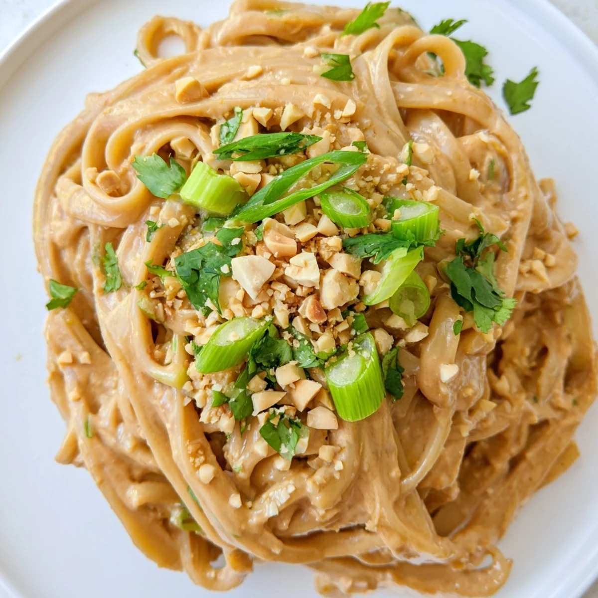 Rich peanut butter coated noodles topped with crushed peanuts and fresh sliced green onions