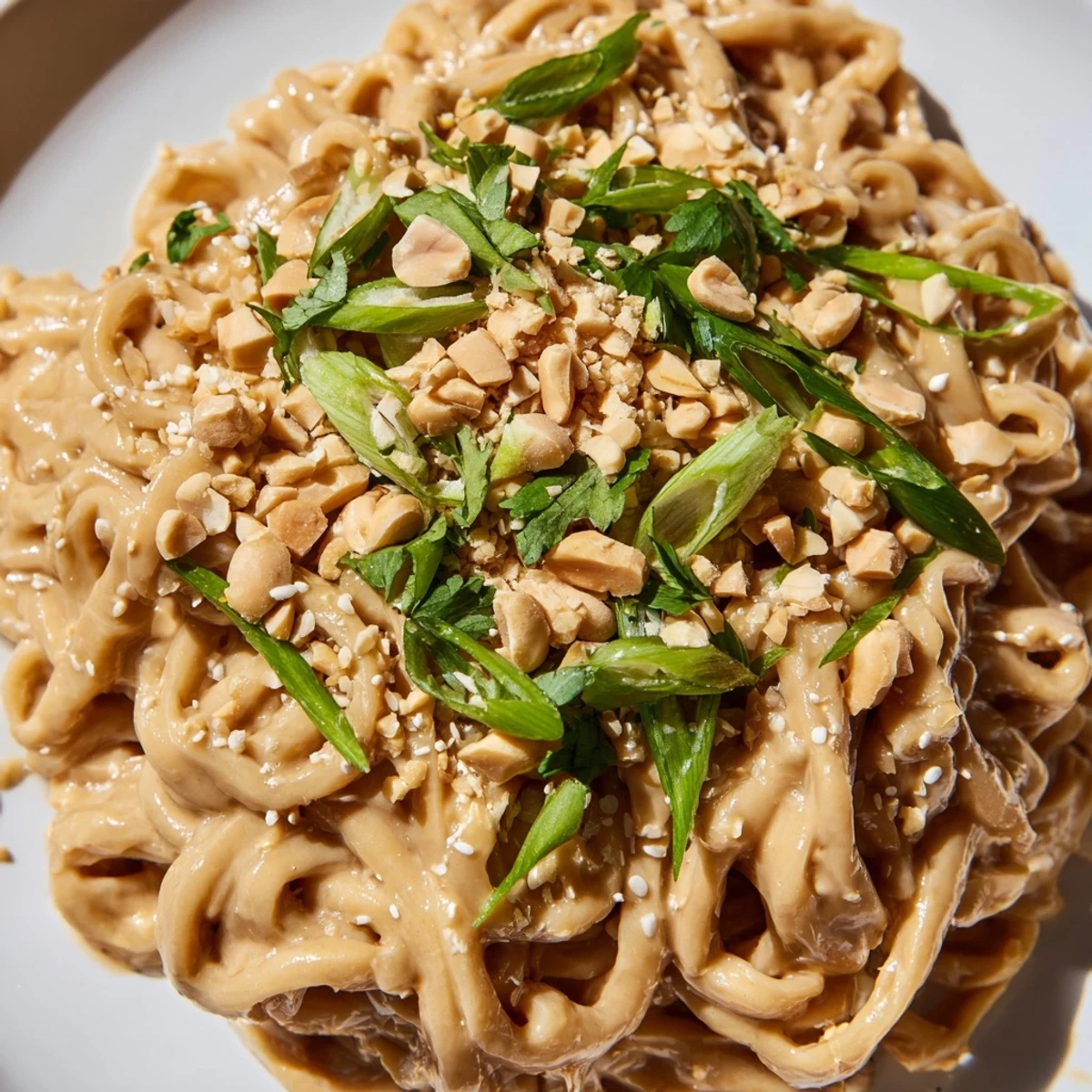 Creamy sticky peanut butter noodles in a bowl garnished with sesame seeds and lime