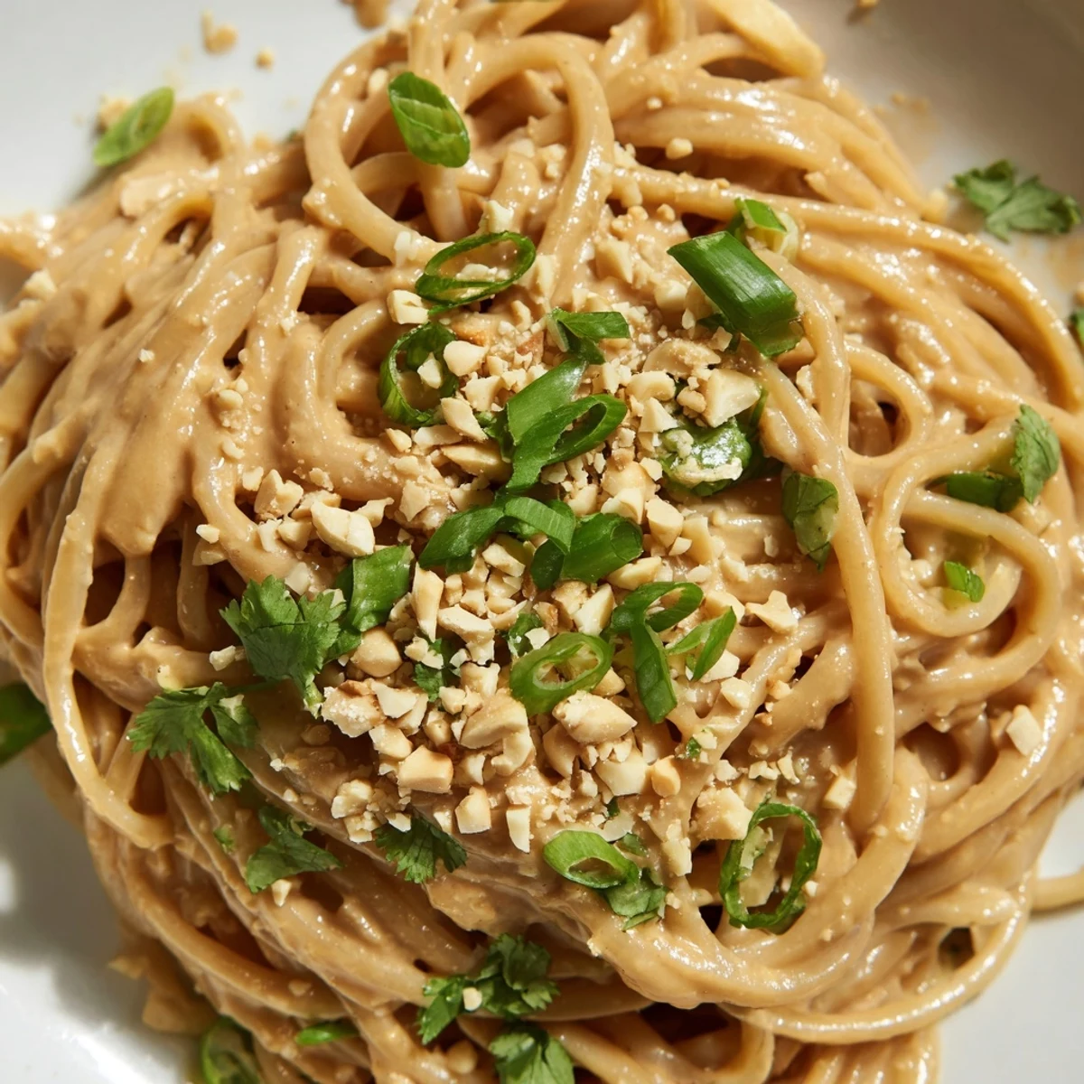 Glossy peanut butter noodles tossed in savory sauce with chopped peanuts and cilantro sprinkles