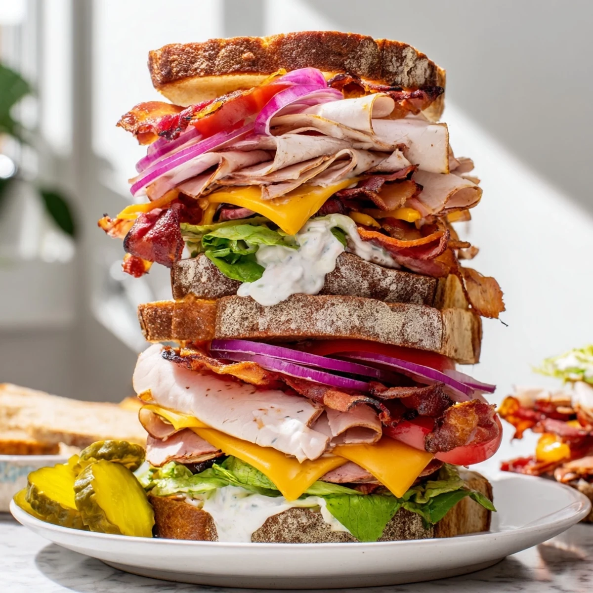Hearty ultimate turkey beef bacon ranch sandwich featuring layers of roast beef turkey crispy bacon and ranch