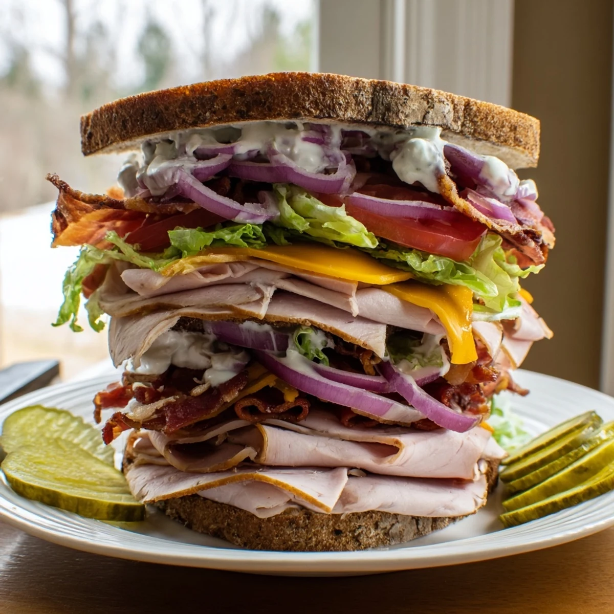 Ultimate turkey beef bacon ranch sandwich stacked high with meats cheese and fresh vegetables on toasted bread