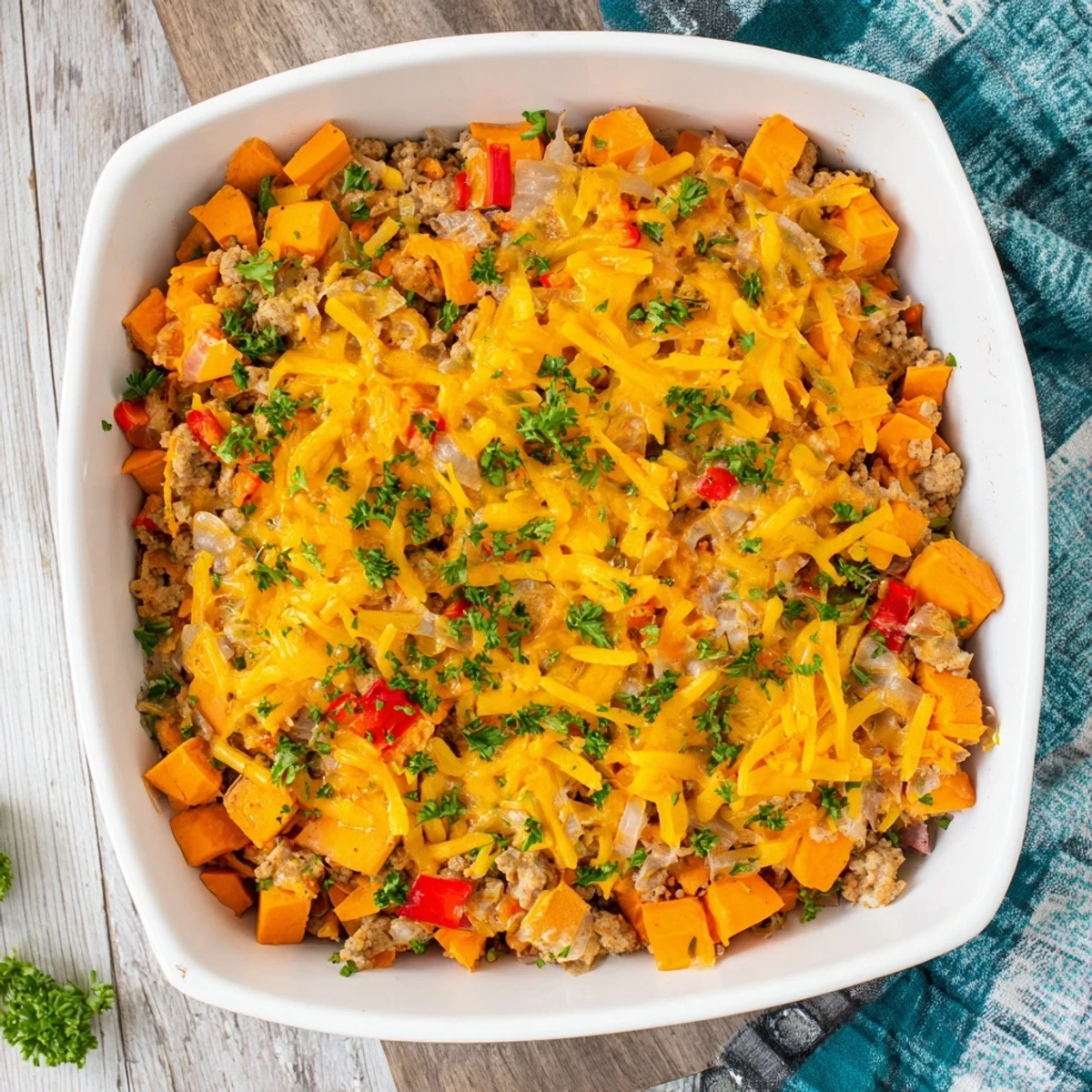 Golden cheesy casserole with seasoned ground turkey and tender sweet potato cubes