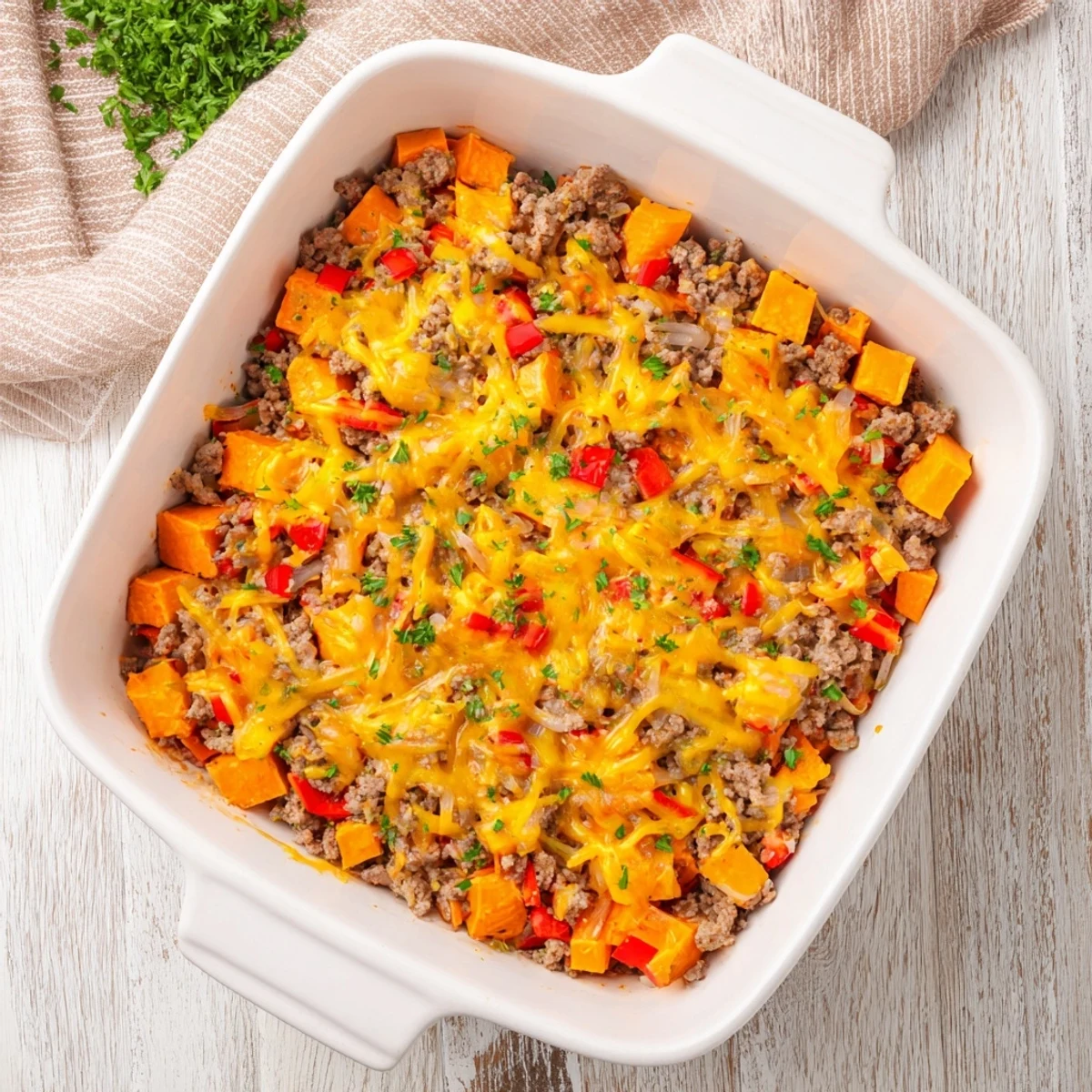 Baked ground turkey and sweet potato dish topped with bubbly golden cheese layer