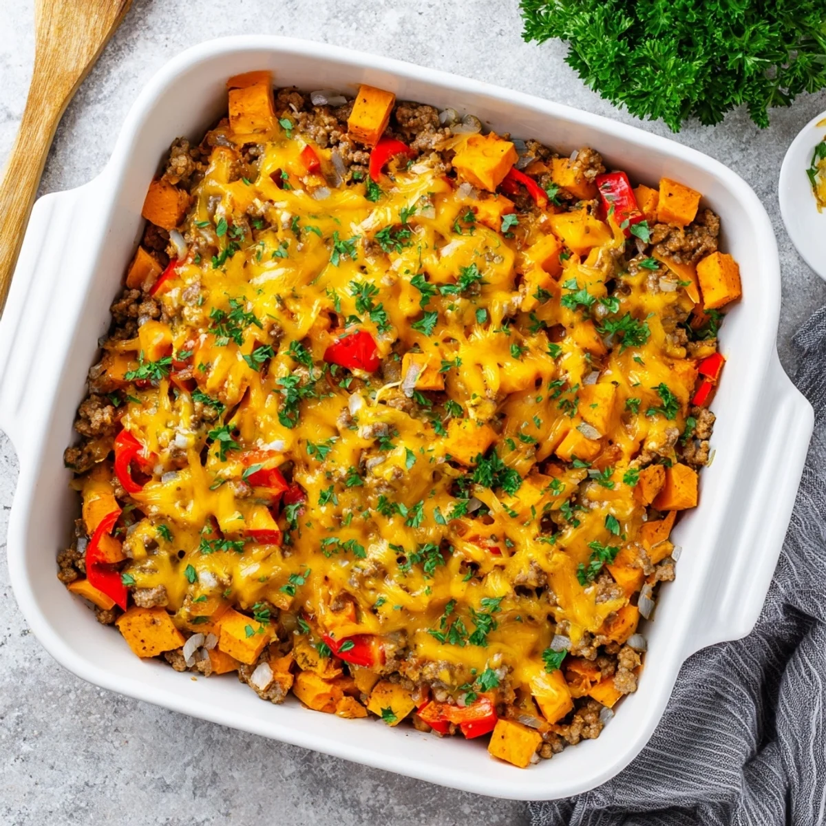 Hearty ground turkey sweet potato bake with melted cheddar and colorful vegetables