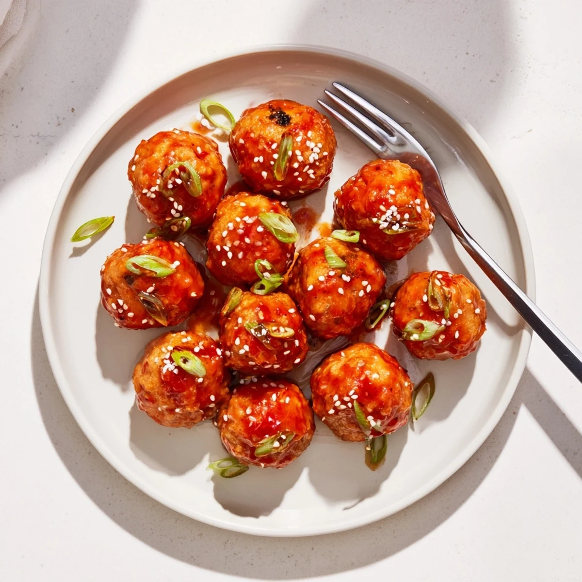 Golden firecracker chicken meatballs glazed in sweet spicy red sauce with sesame seeds