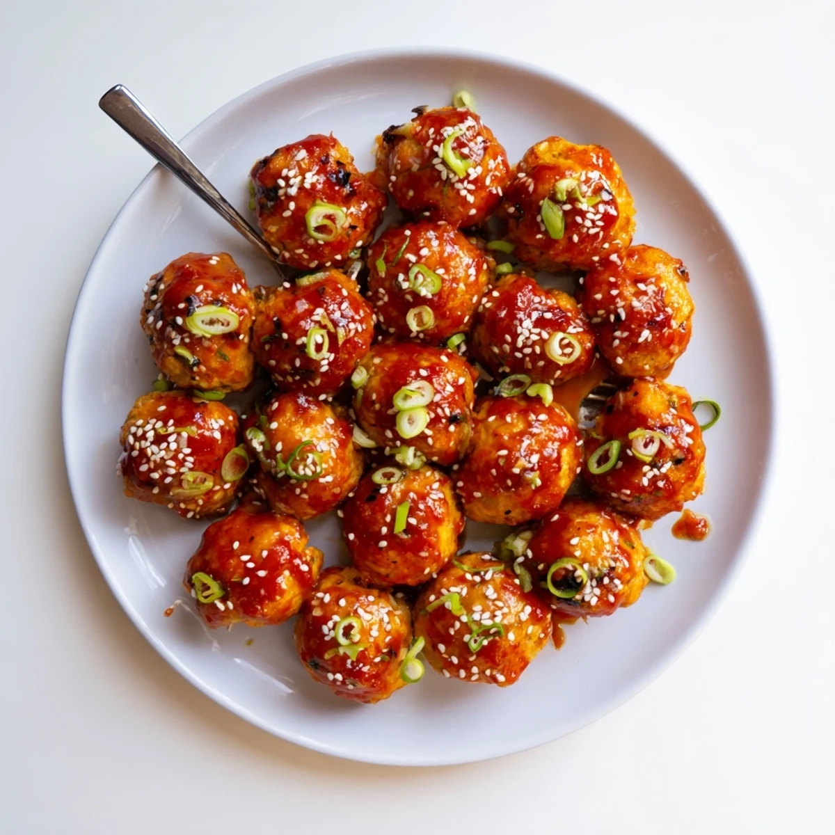 Tender baked chicken meatballs tossed in tangy firecracker sauce topped with green onions