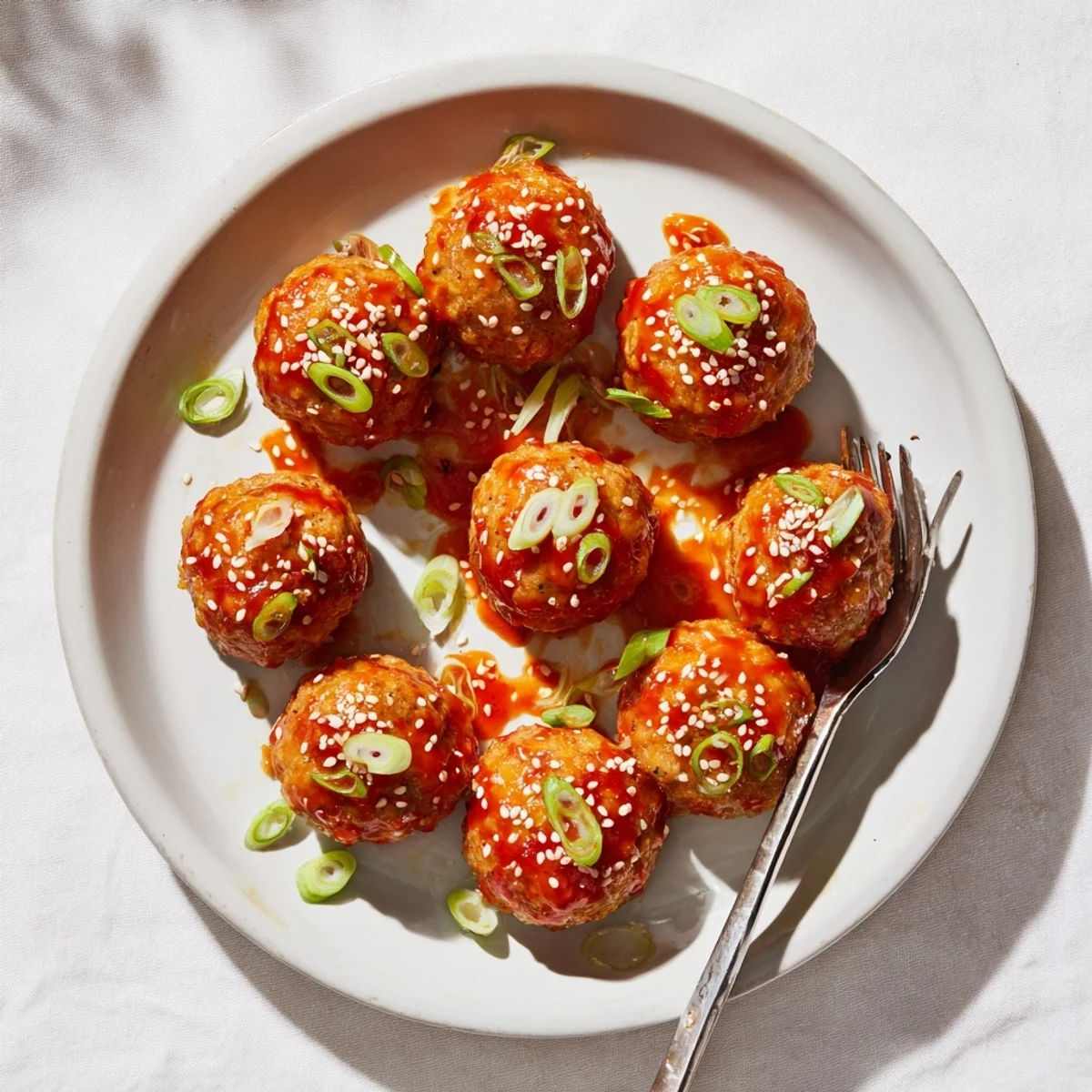 Plate of juicy firecracker chicken meatballs drizzled with glossy sweet and spicy sauce