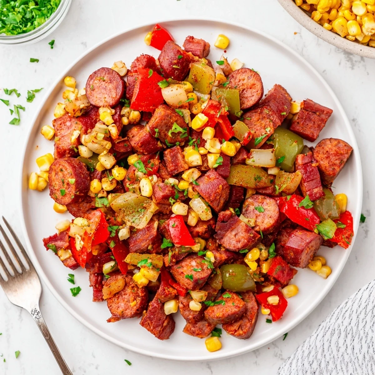 Golden Cajun corned beef and sausage skillet sizzling with colorful peppers and sweet corn