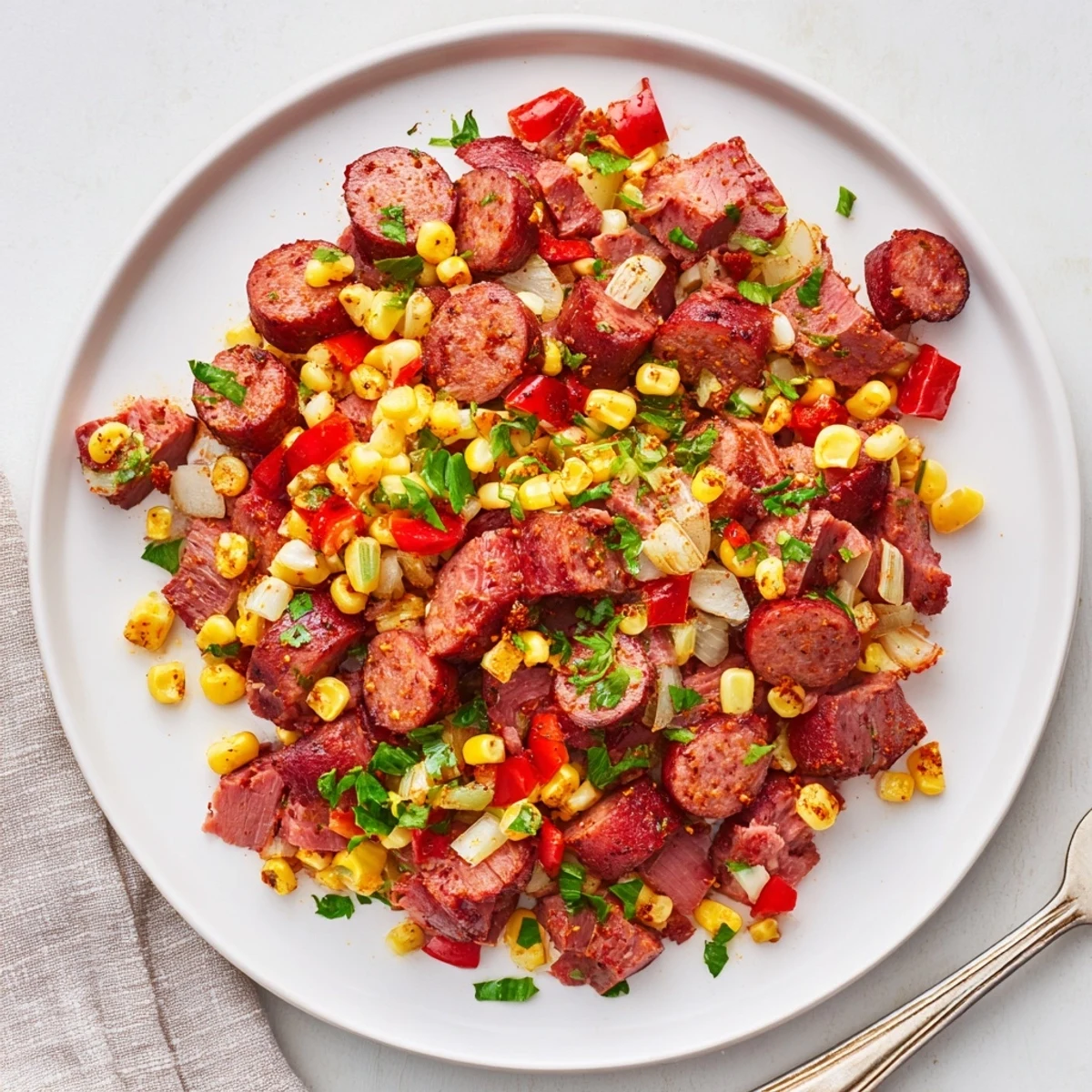 Spicy Cajun corned beef sausage skillet featuring tender beef strips and vibrant diced vegetables