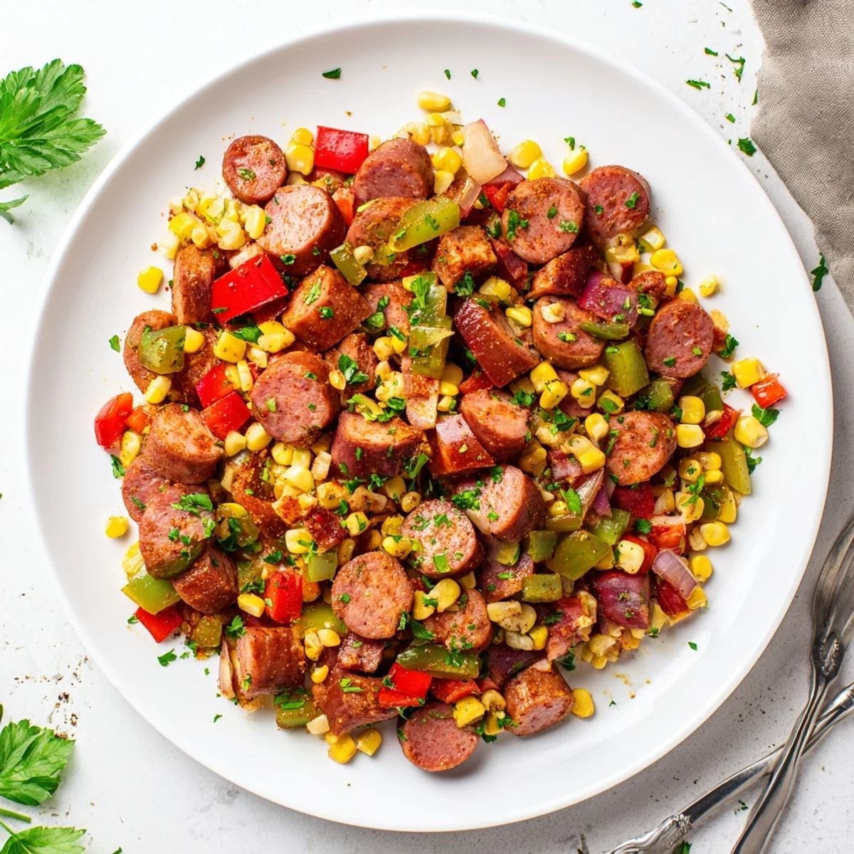 One-pan Cajun corned beef and sausage skillet garnished with fresh parsley over smoky seasoned meats