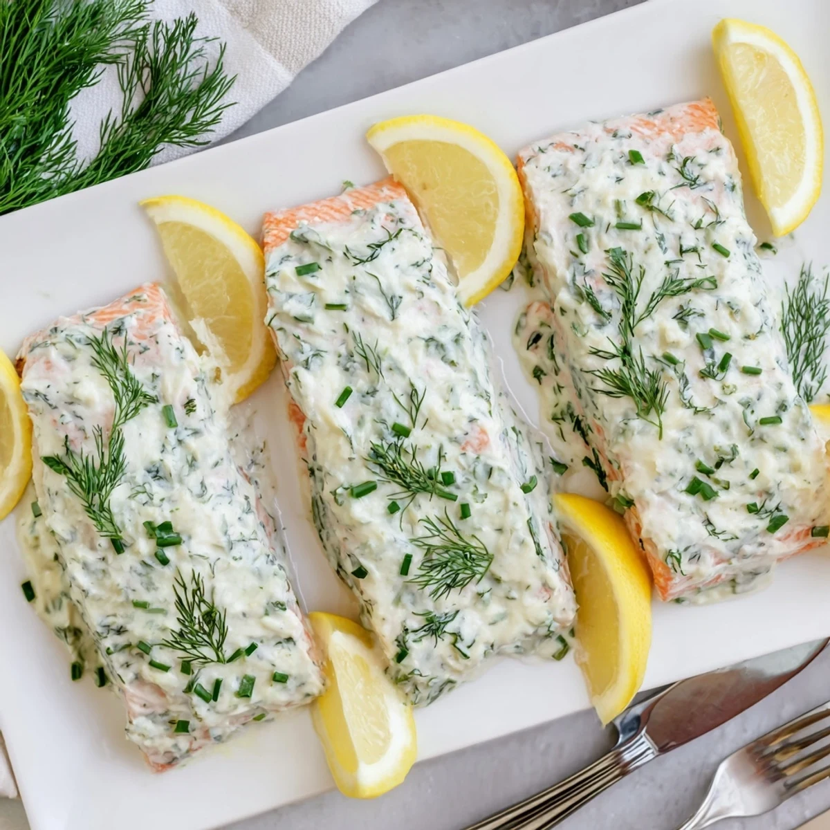 Golden baked Boursin salmon topped with melted herb cheese and fresh lemon slices