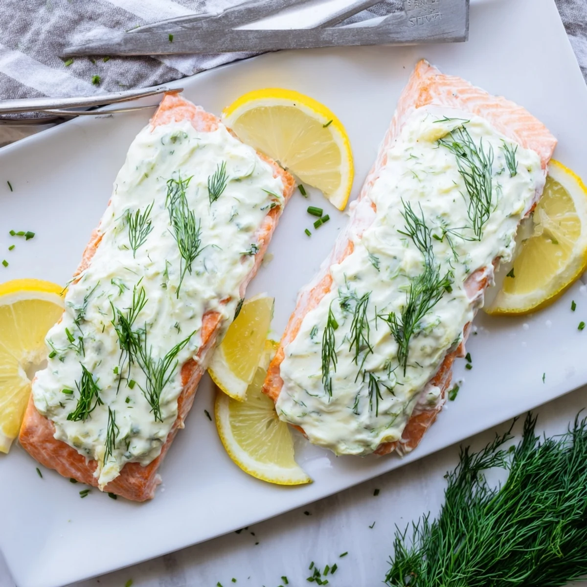 Creamy baked Boursin salmon fillets with bubbling cheese topping and chopped chive garnish