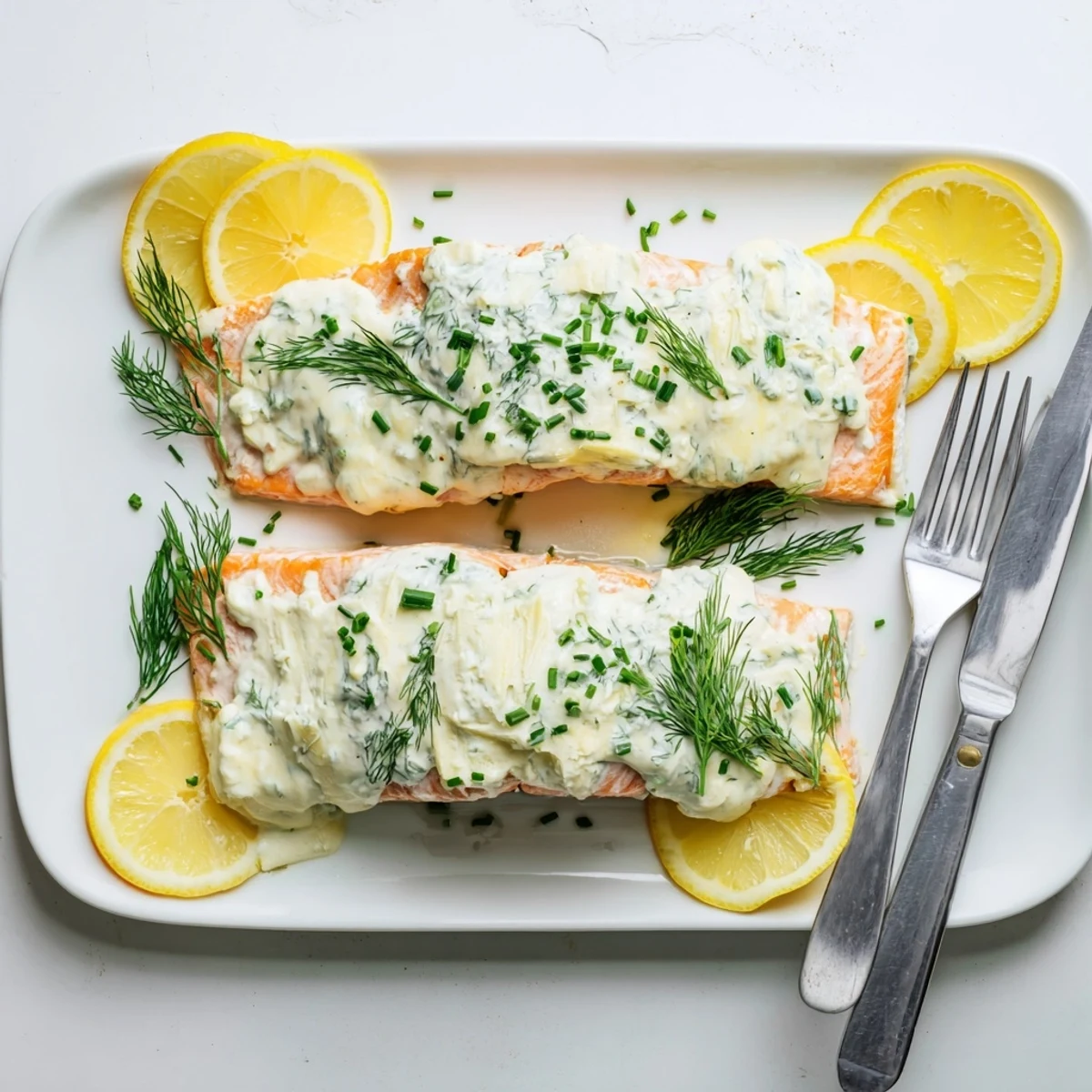 Oven-baked salmon smothered in garlic herb Boursin cheese with roasted lemon rounds