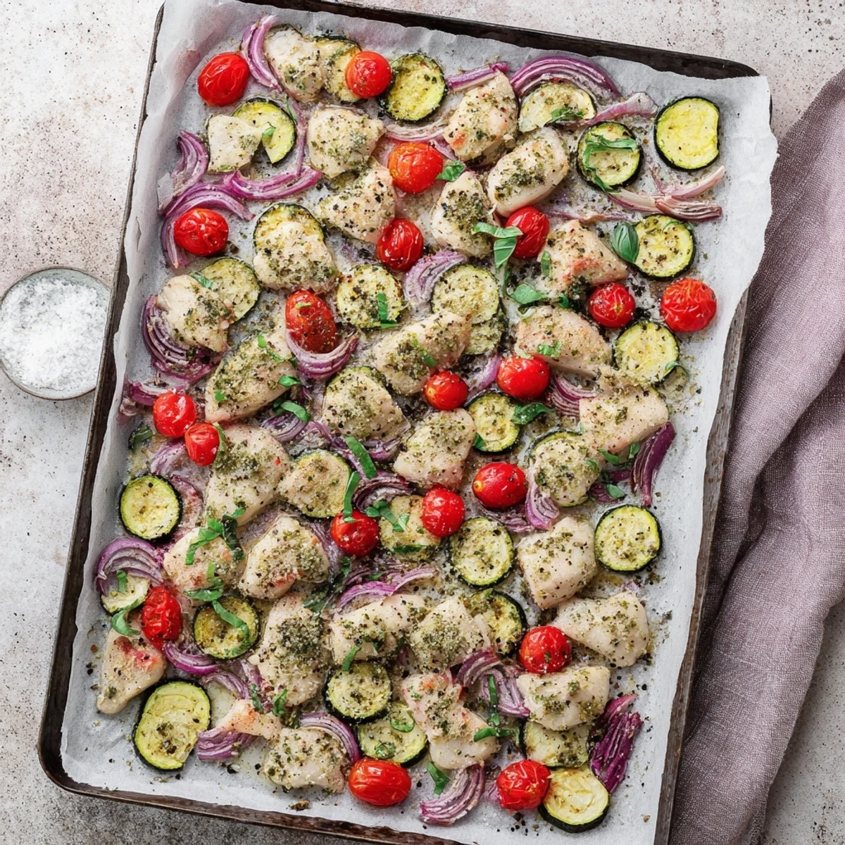 Golden Sheet Pan Italian Chicken with zucchini and roasted cherry tomatoes garnished with fresh basil