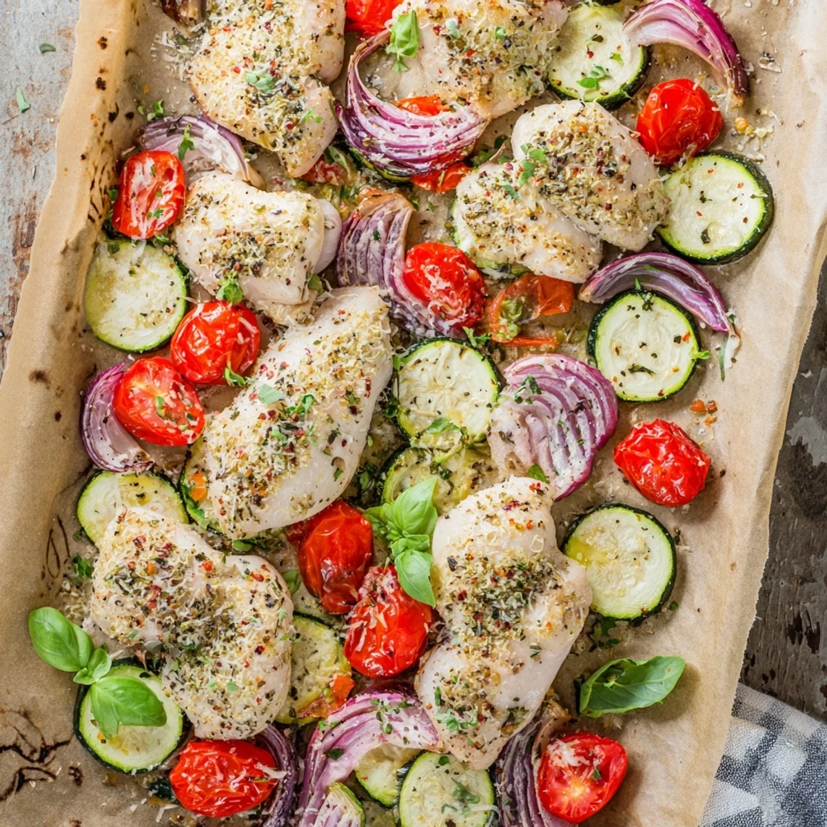 Tender chicken breasts roasted alongside colorful zucchini and sweet tomatoes with Italian herbs and Parmesan