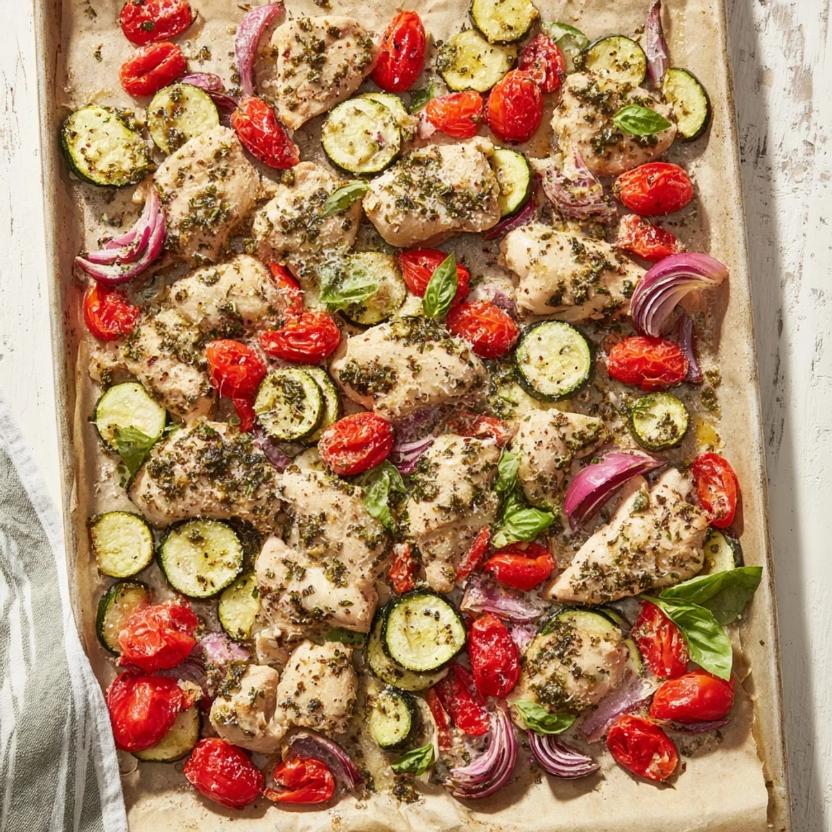 One-pan Italian Chicken dinner featuring juicy chicken, zucchini rounds, and burst cherry tomatoes with cheese topping