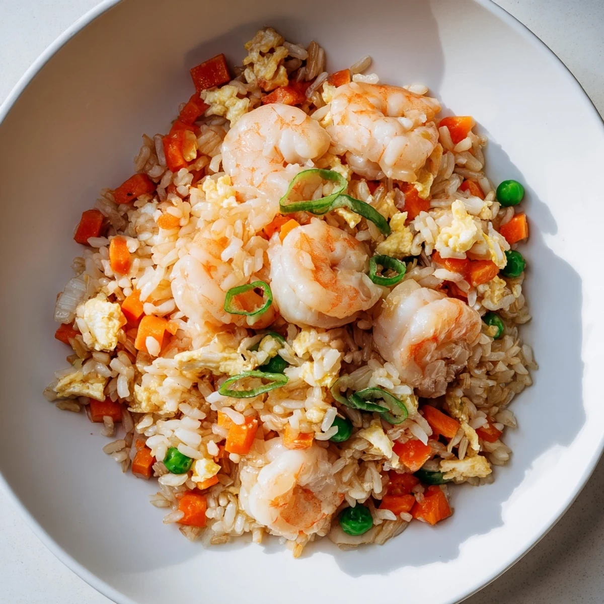 Steamy bowl of authentic shrimp fried rice with tender pink shrimp and fluffy jasmine rice