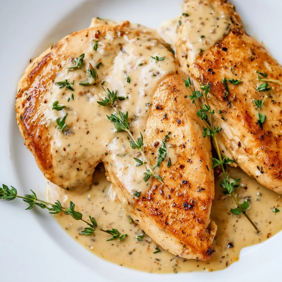 Golden seared chicken breasts smothered in creamy French mustard sauce with fresh parsley garnish