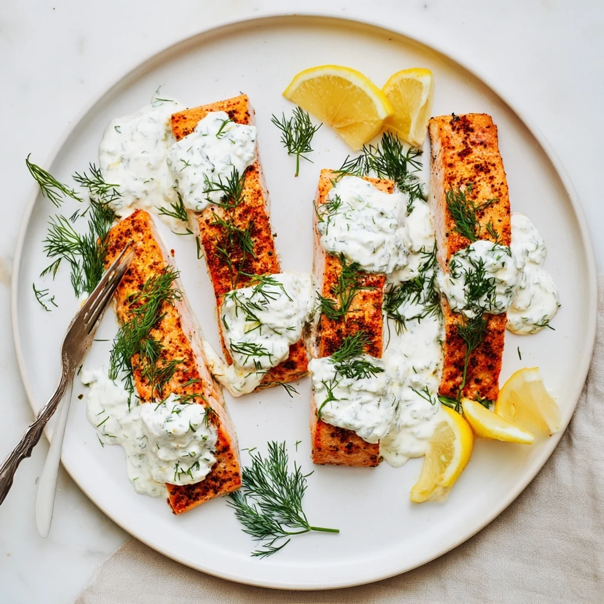 Golden oven-roasted Mediterranean salmon fillets topped with creamy lemon dill yogurt sauce and fresh herb garnish