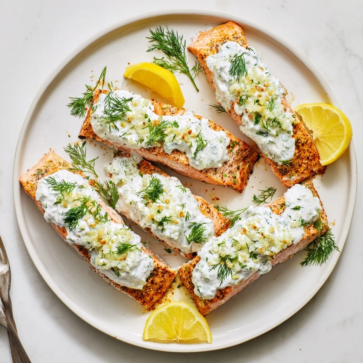 Perfectly baked salmon with zesty lemon dill yogurt sauce drizzled over the tender flaky fish