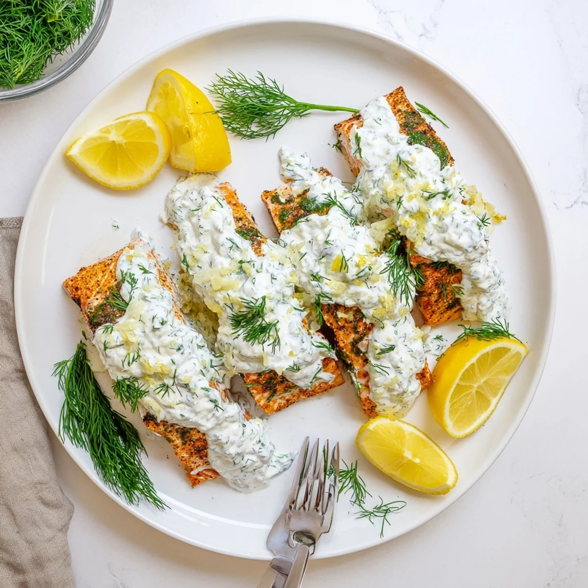 Healthy Mediterranean salmon dinner featuring succulent fillets crowned with tangy yogurt and bright fresh dill