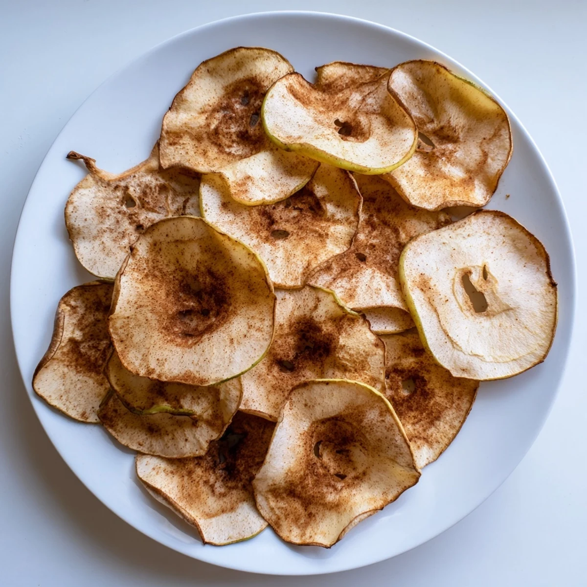 Golden crispy air fryer apple chips dusted with warm cinnamon on a white plate