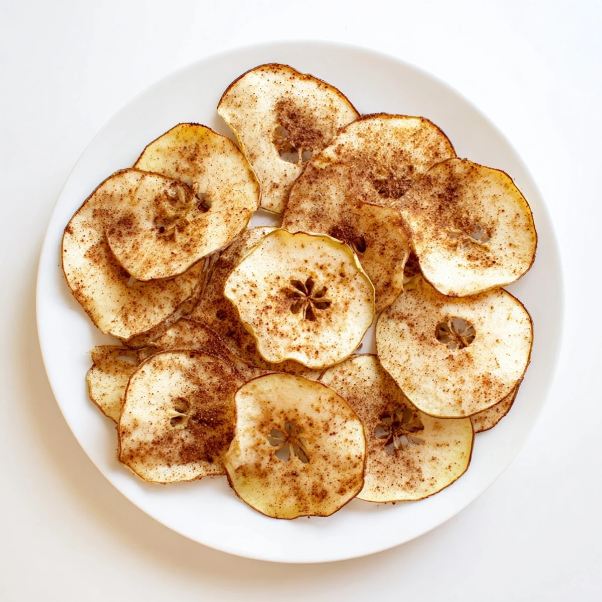 Thinly sliced cinnamon apple chips arranged neatly after air frying to crunchy perfection