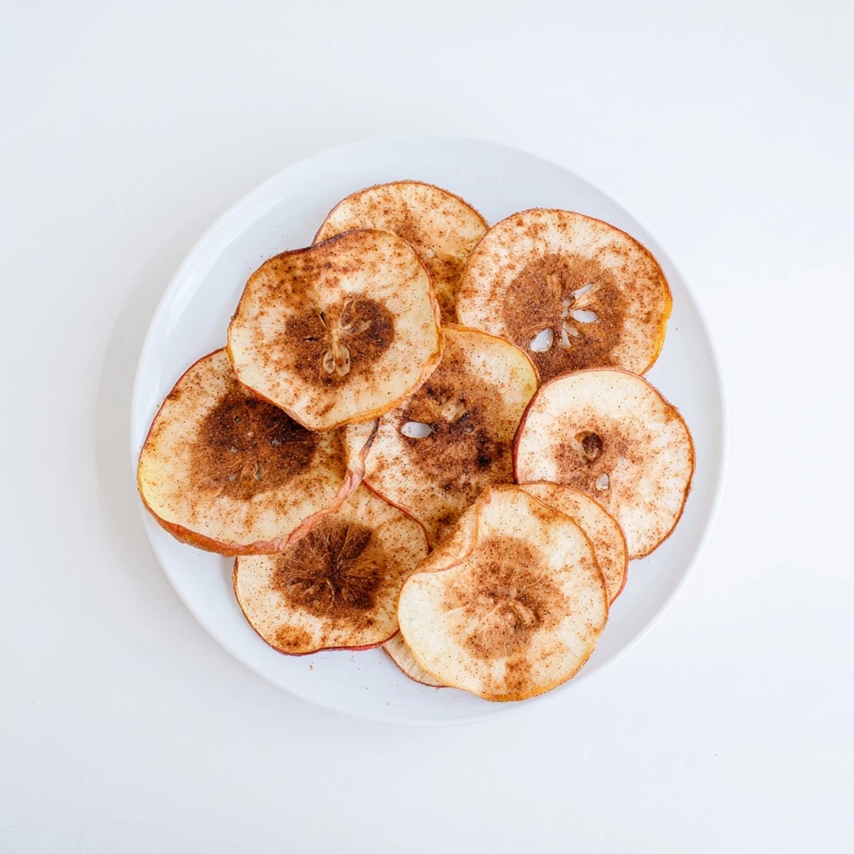 Homemade apple chips with cinnamon sprinkling, air fried until golden and irresistibly crisp