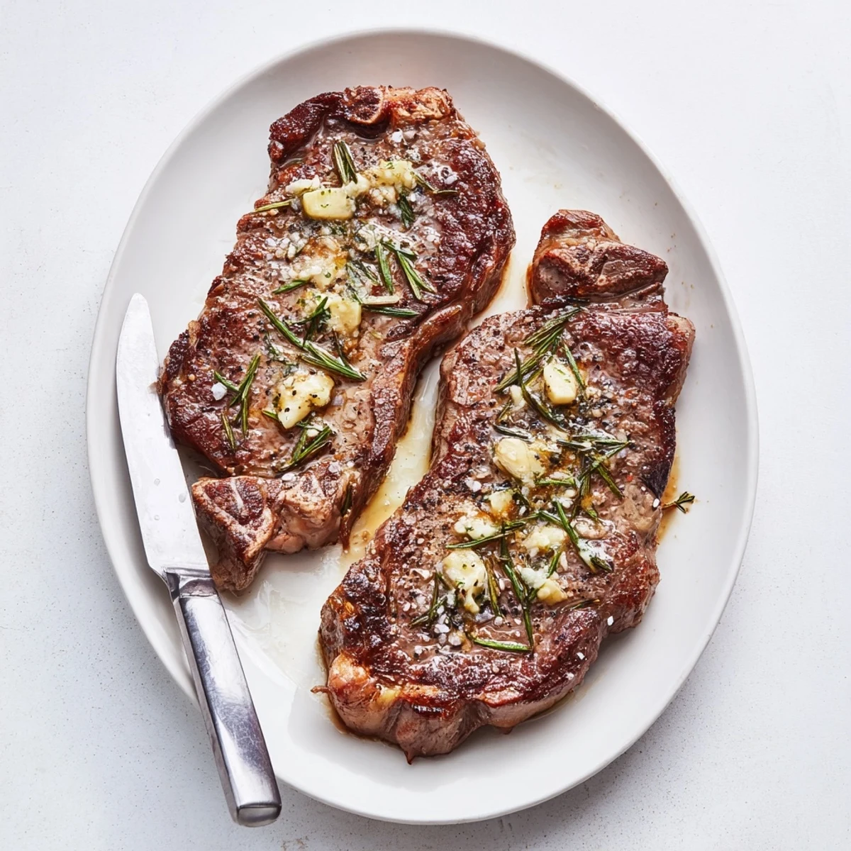 Golden seared garlic butter cast iron ribeye steak with caramelized crust resting on a wooden cutting board