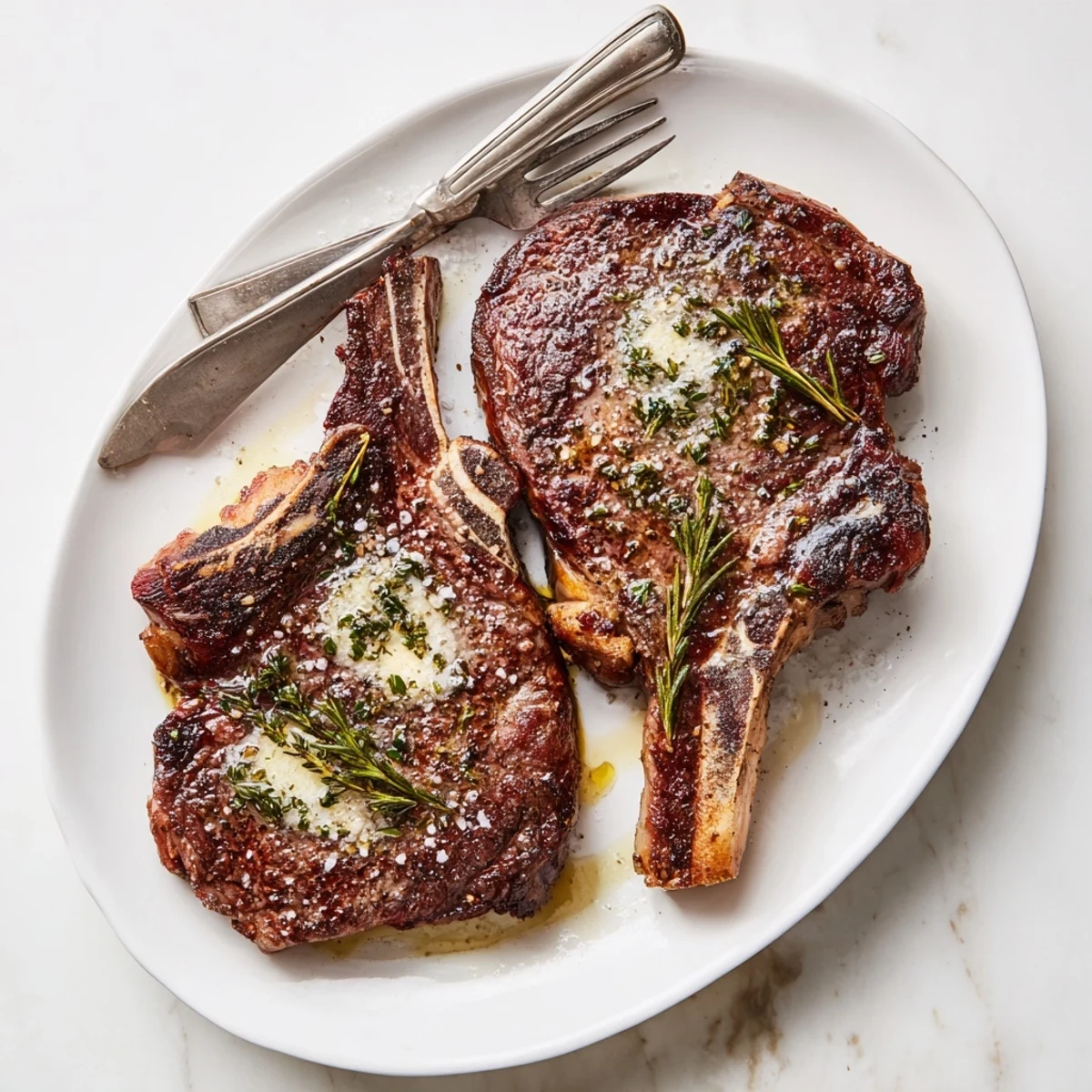 Perfectly cooked ribeye steak sizzling in cast iron skillet with melted garlic butter and fresh herbs