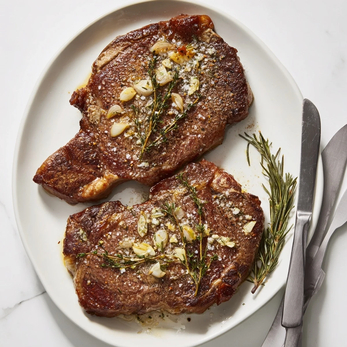 Juicy medium rare garlic butter cast iron ribeye steak sliced against the grain with herb butter drizzle