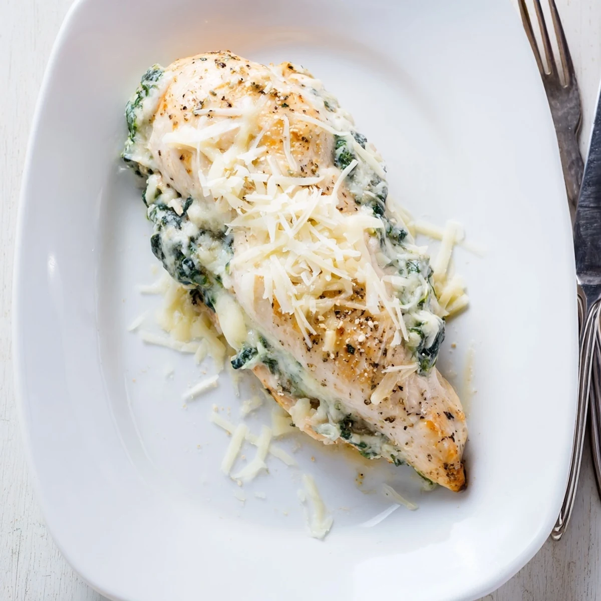 Golden baked spinach ricotta chicken breasts with melted mozzarella cheese topping on white serving plate