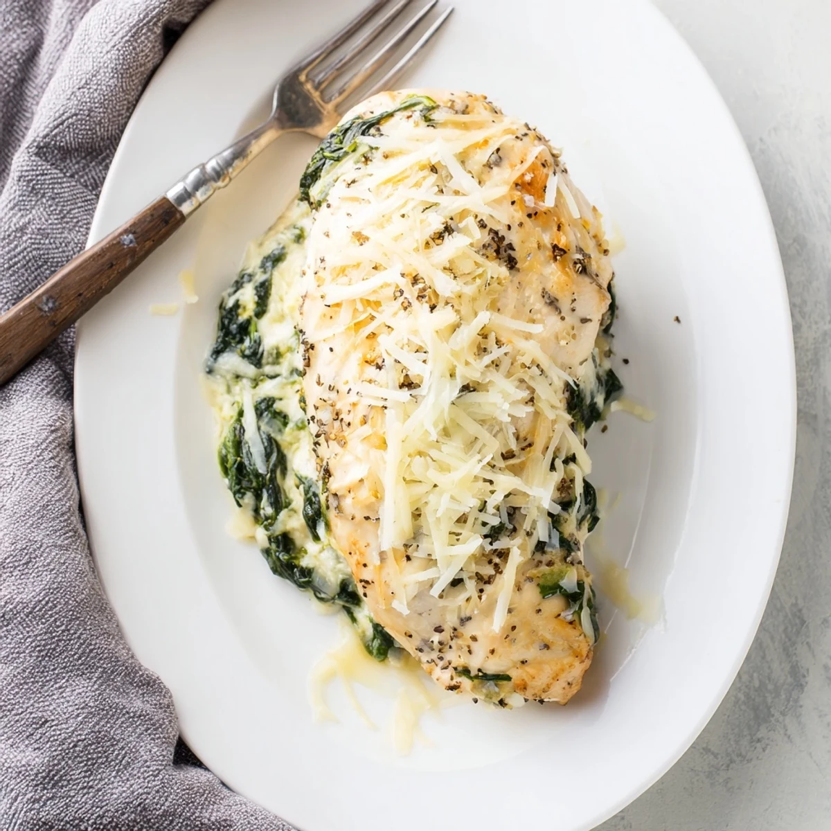 Sliced stuffed chicken revealing creamy spinach ricotta filling served with roasted vegetables for dinner