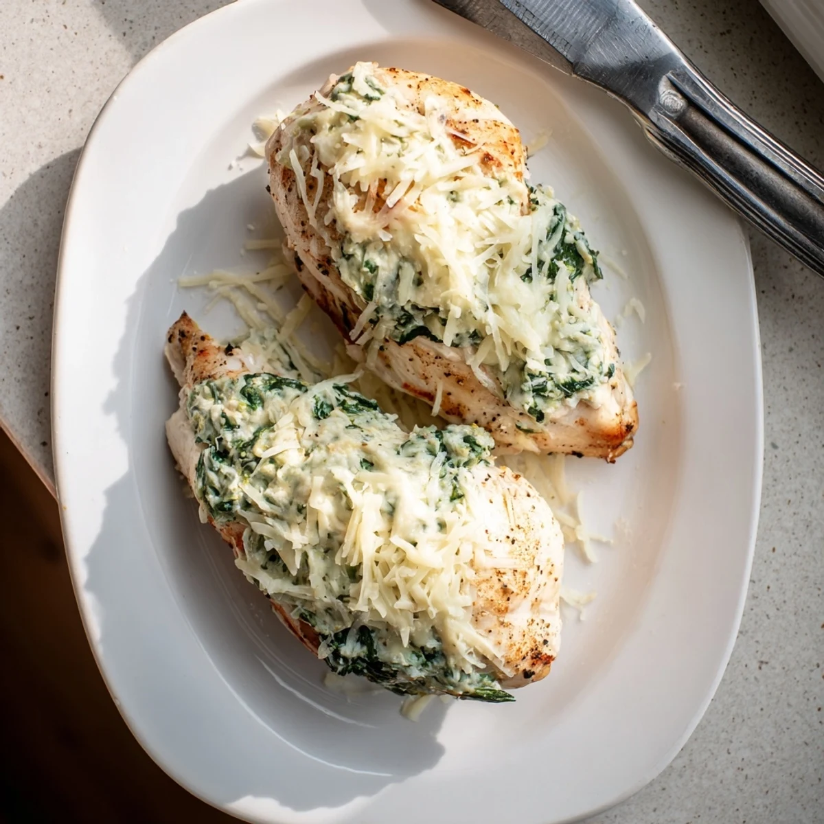Italian-inspired baked spinach ricotta chicken dish with golden cheese crust garnished with fresh herbs