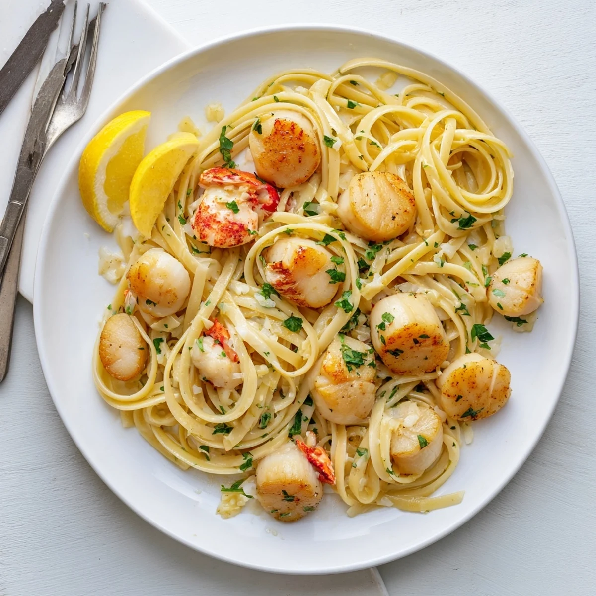 Golden seared scallops and tender lobster chunks tossed with linguine in a rich garlic butter lemon sauce