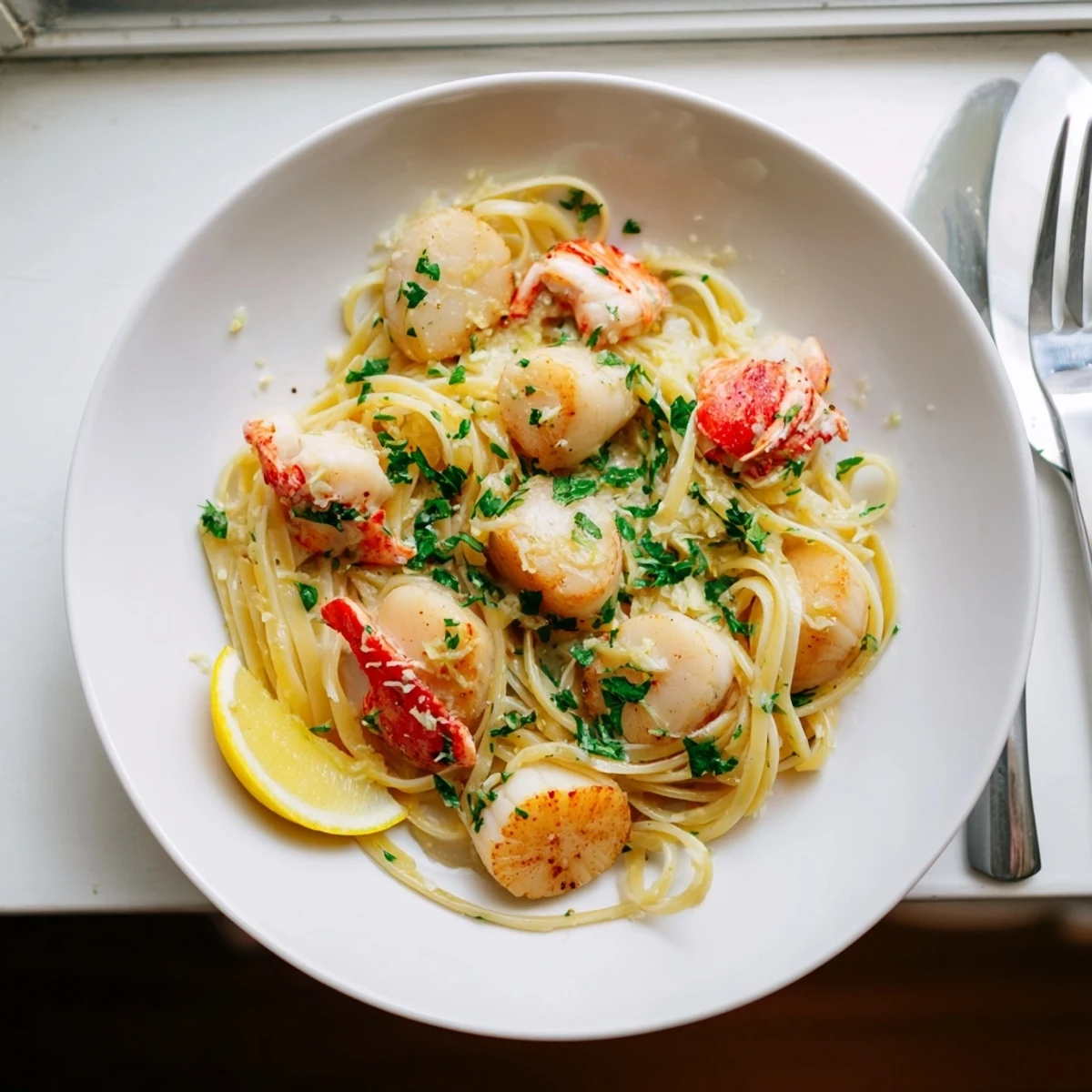Creamy lobster and scallop garlic butter linguine twirled on a white plate topped with fresh parsley