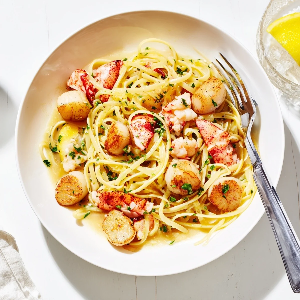 Close-up of Italian-American lobster and scallop pasta glistening with garlic butter sauce and sprinkled with green herbs