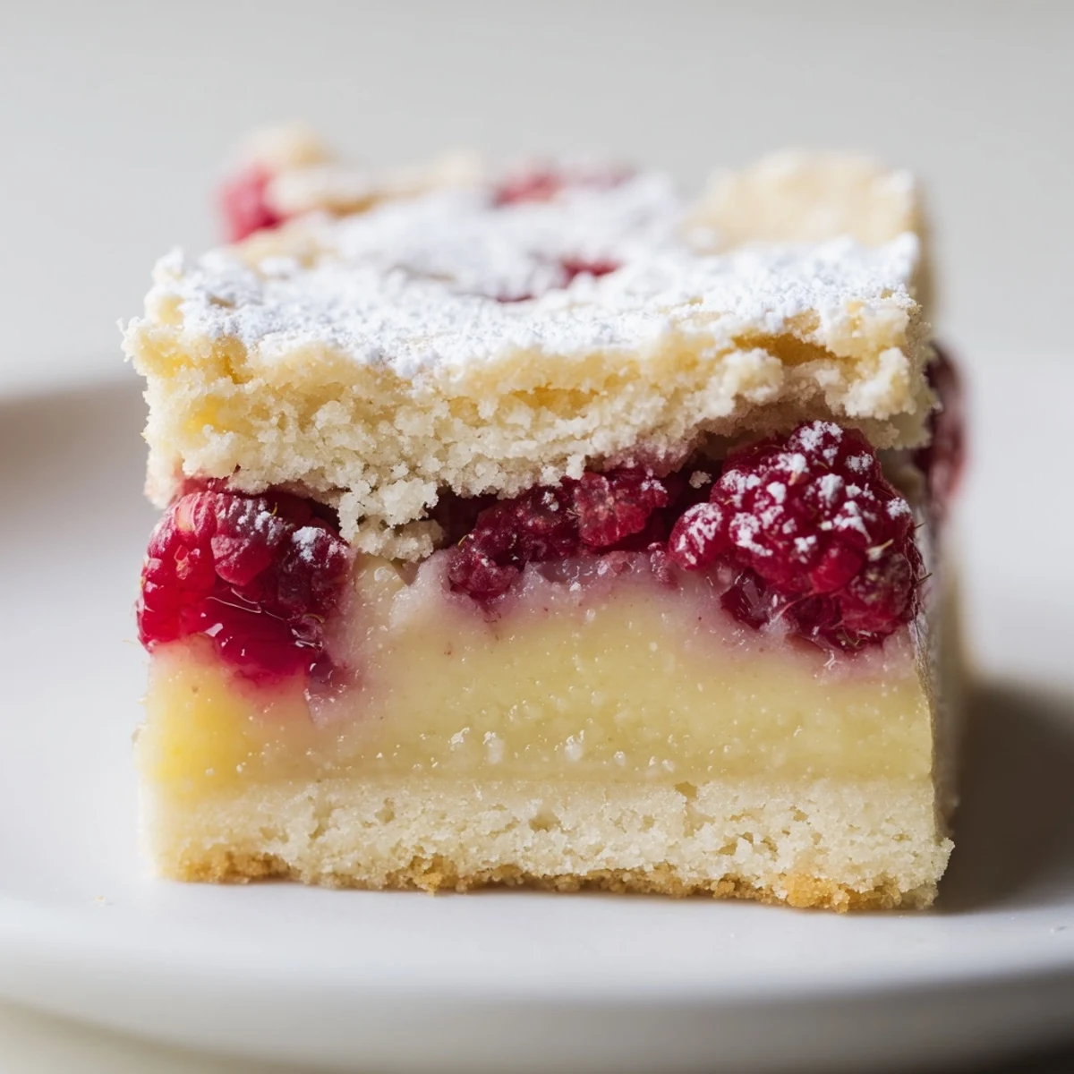 Golden raspberry lemonade bars sliced on a white plate with fresh raspberry garnish
