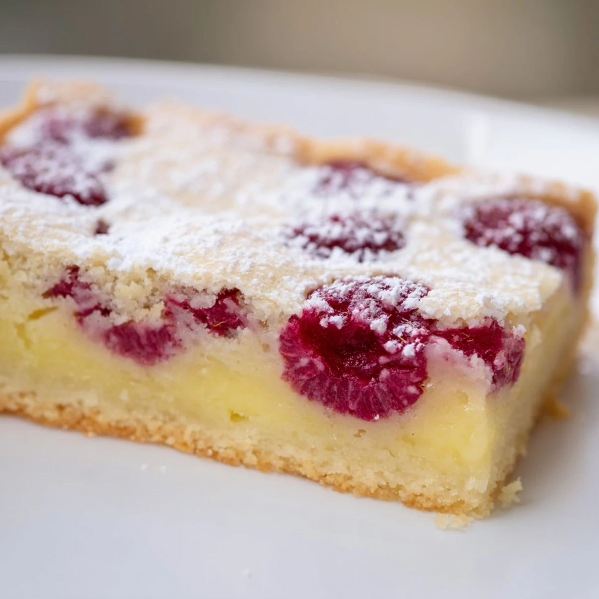 Buttery shortbread crust topped with bright pink raspberry lemonade filling dusted with powdered sugar