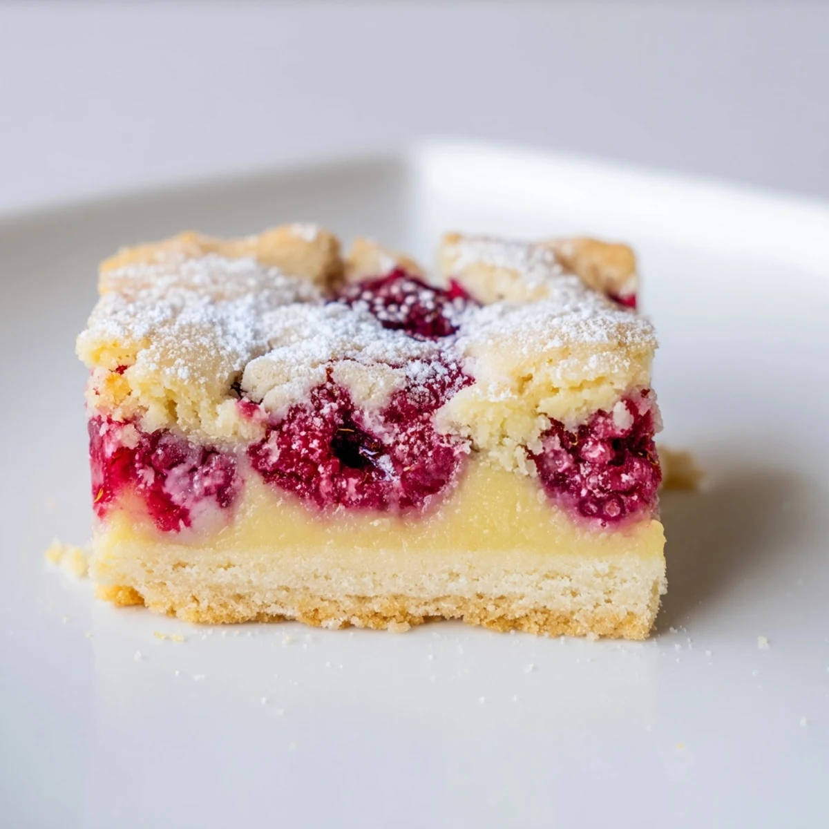 Square raspberry lemonade bars on a wooden cutting board topped with fresh red raspberries